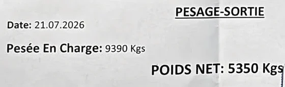 Un ticket de pesée d’usine : pesage-sortie, pesée en charge 9390 kg, poids net 5350 kg.